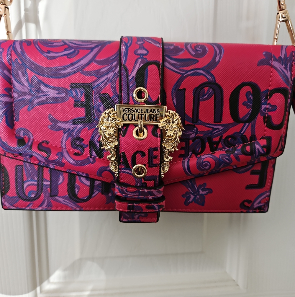 Versace Jeans Couture Baroque Buckle Floral Crossbody Bag Pink & Purple Like New